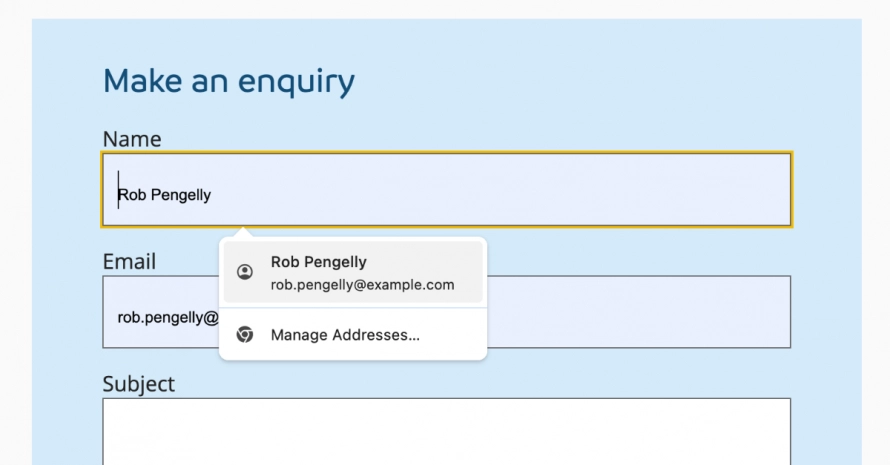 Example of Chrome's autocomplete feature showing suggestions for the name and email fields of an enquiry form